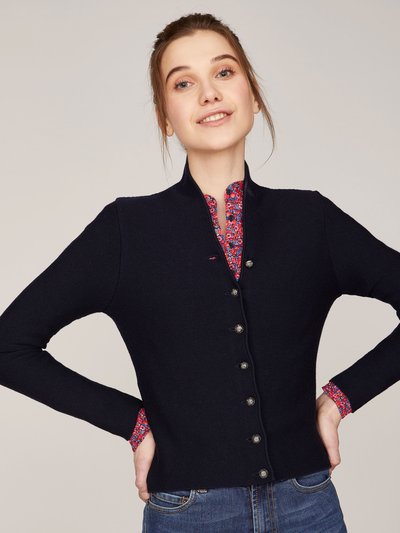 Dunkelblaue Trachten-Strickjacke mit Stehkragen Dunkelblaue Trachten-Strickjacke mit Stehkragen