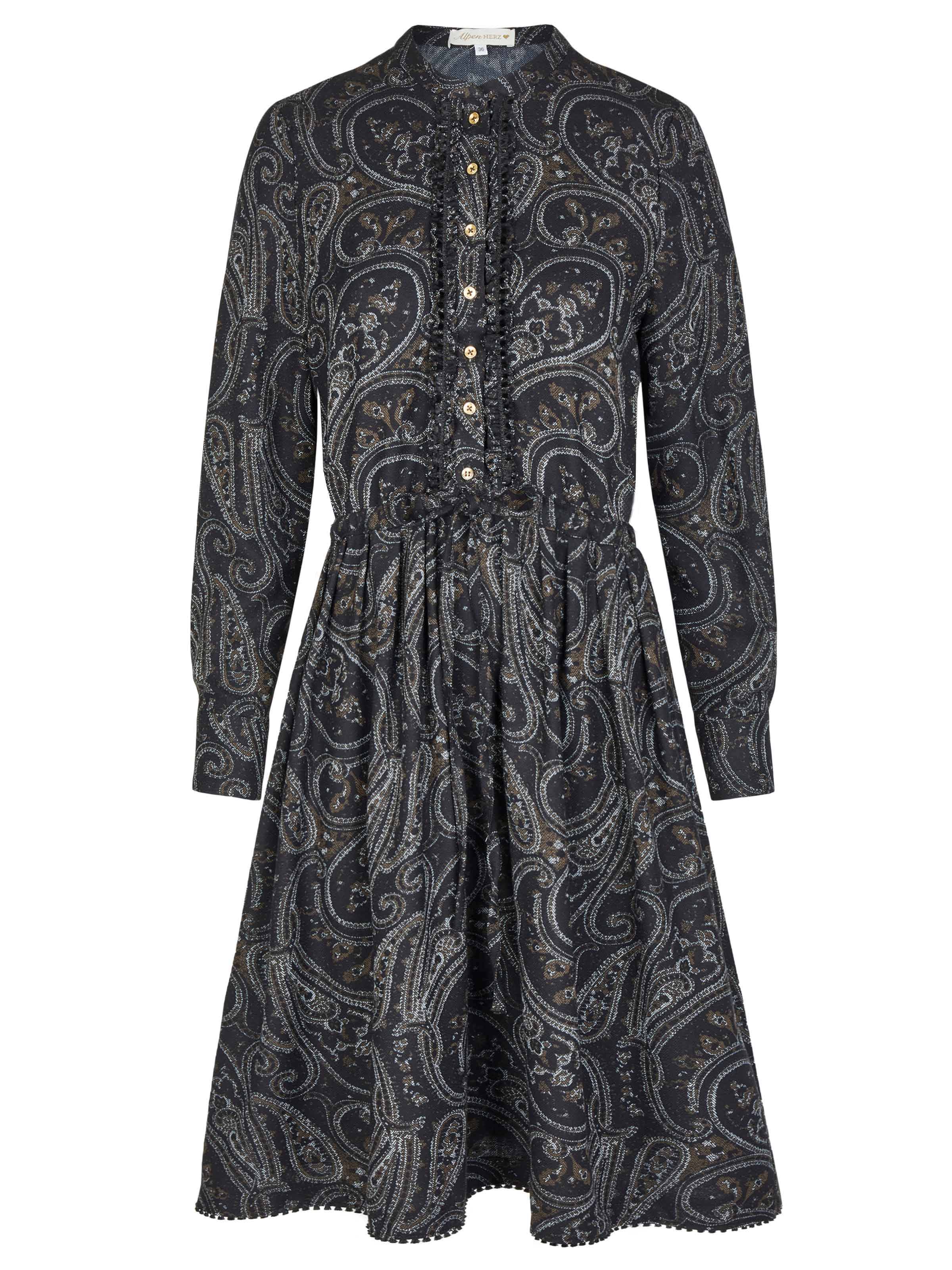 Schwarz gemustertes Blusenkleid mit Rüschen Schwarz gemustertes Blusenkleid mit Rüschen