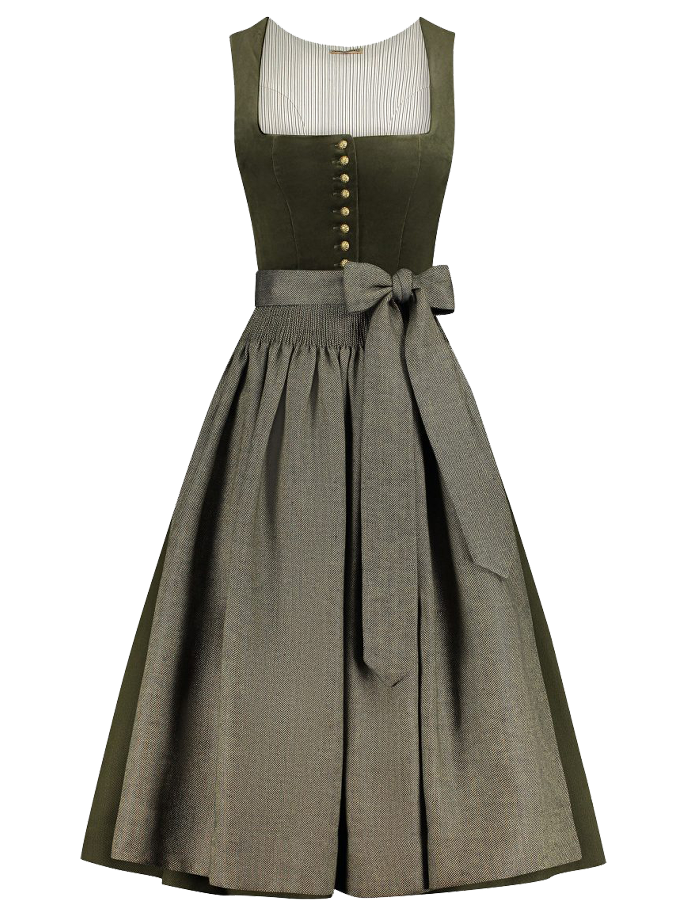 Olivgrünes Dirndl mit Samtmieder und Fischgrät-Schürze Olivgrünes Dirndl mit Samtmieder und Fischgrät-Schürze