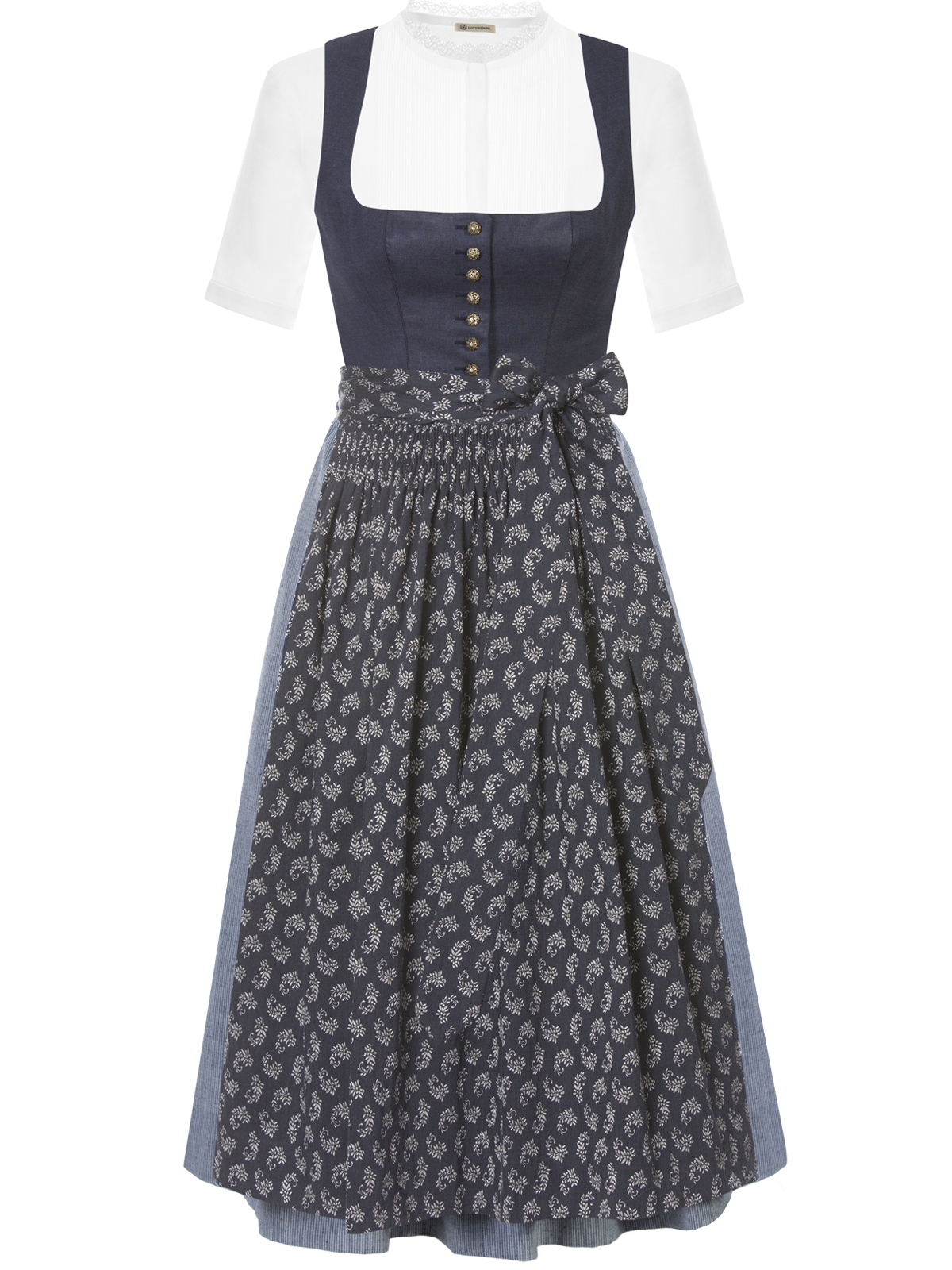 Blaues Dirndl mit floraler Dirndlschürze Blaues Dirndl mit floraler Dirndlschürze