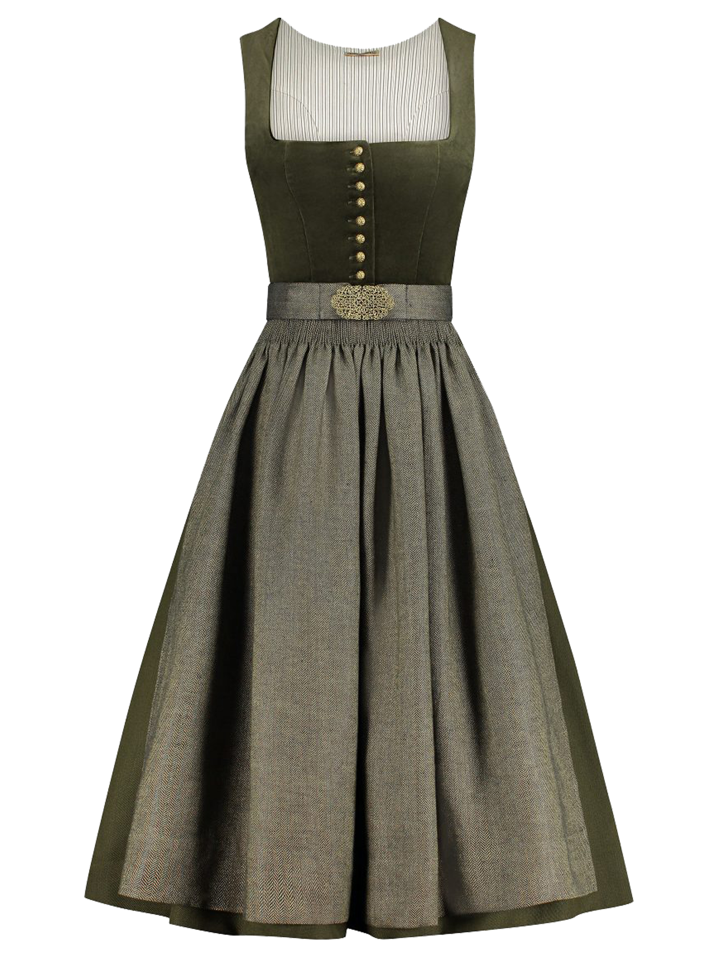 Olivgrünes Dirndl mit Samtmieder und Fischgrät-Schürze Olivgrünes Dirndl mit Samtmieder und Fischgrät-Schürze