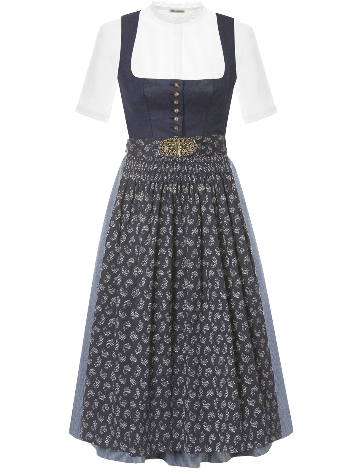 Blaues Dirndl mit floraler Dirndlschürze Blaues Dirndl mit floraler Dirndlschürze
