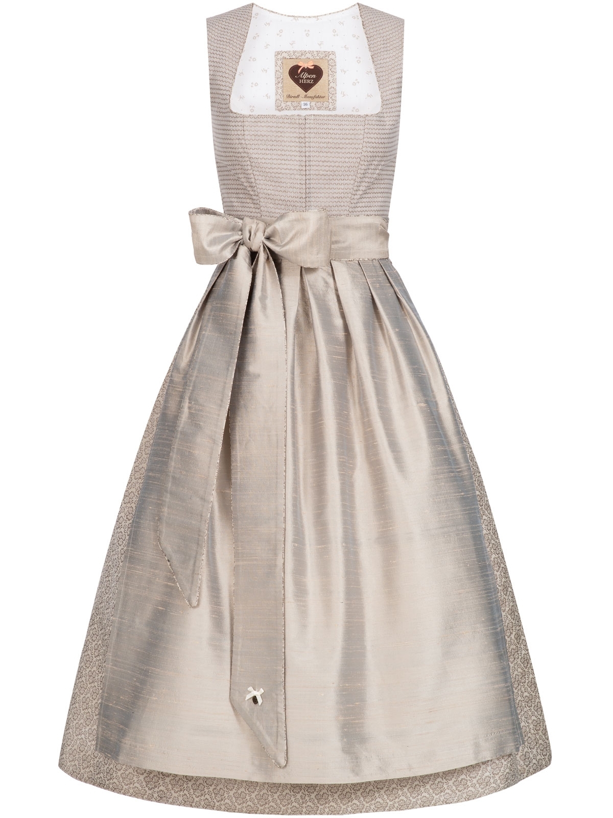 Beiges Leinen-Dirndl mit Seidenschürze Beiges Leinen-Dirndl mit Seidenschürze