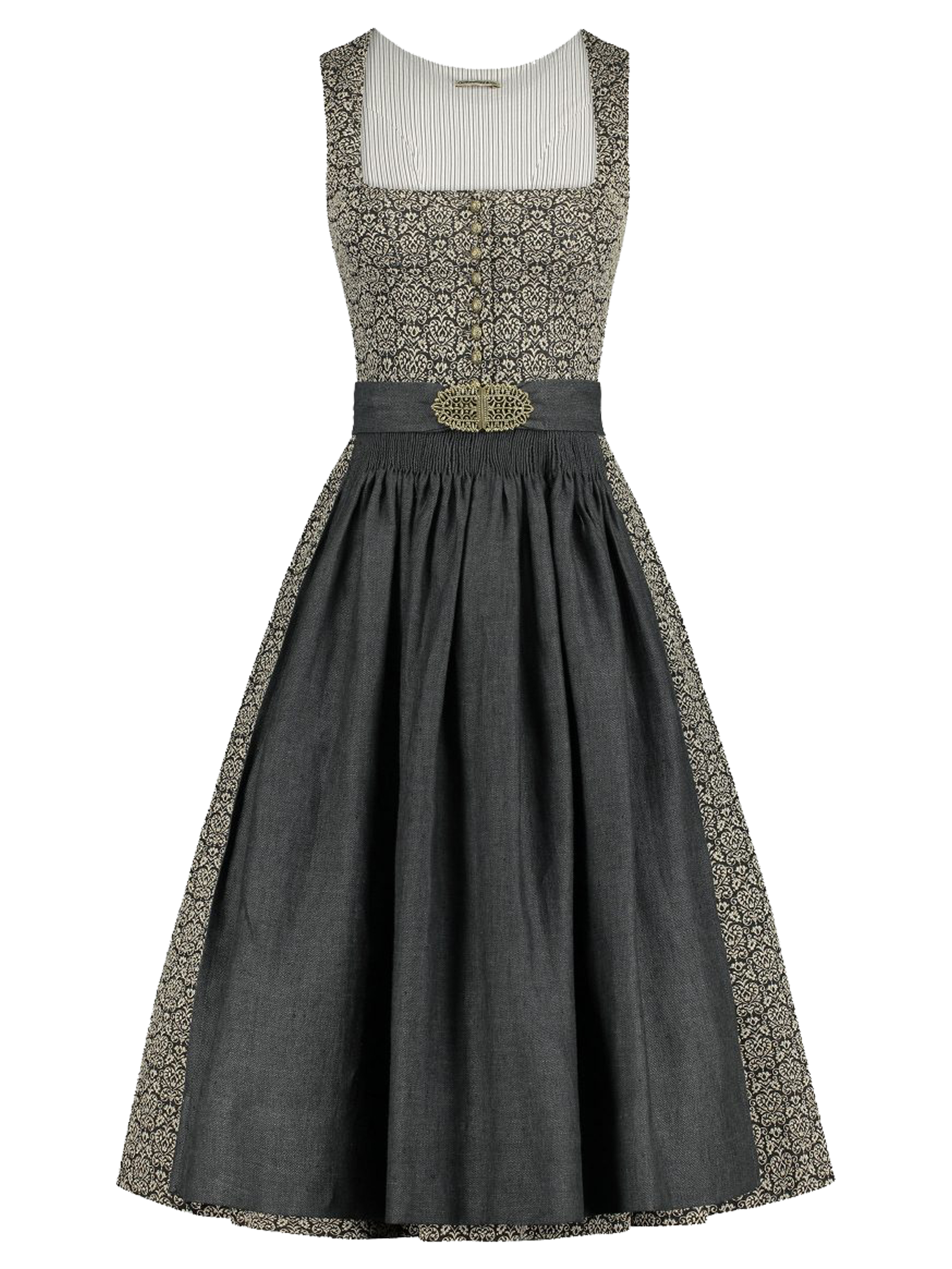Gemustertes Dirndl in Erdtönen mit Leinen-Schürze Gemustertes Dirndl in Erdtönen mit Leinen-Schürze