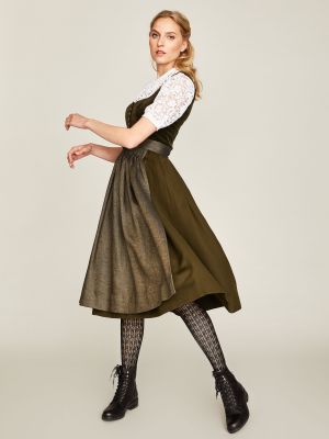 Olivgrünes Dirndl mit Samtmieder und Fischgrät-Schürze Olivgrünes Dirndl mit Samtmieder und Fischgrät-Schürze