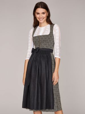 Gemustertes Dirndl in Erdtönen mit Leinen-Schürze Gemustertes Dirndl in Erdtönen mit Leinen-Schürze