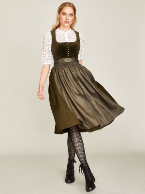 Olivgrünes Dirndl mit Samtmieder und Fischgrät-Schürze Olivgrünes Dirndl mit Samtmieder und Fischgrät-Schürze
