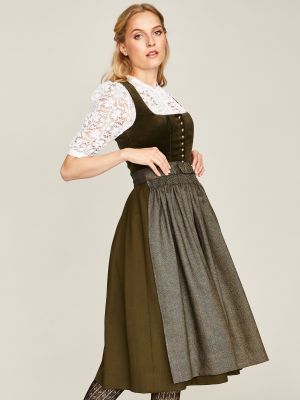 Olivgrünes Dirndl mit Samtmieder und Fischgrät-Schürze Olivgrünes Dirndl mit Samtmieder und Fischgrät-Schürze